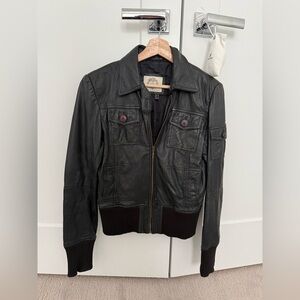 Zara TRF Black Leather Bomber Jacket with Ribbed Hem